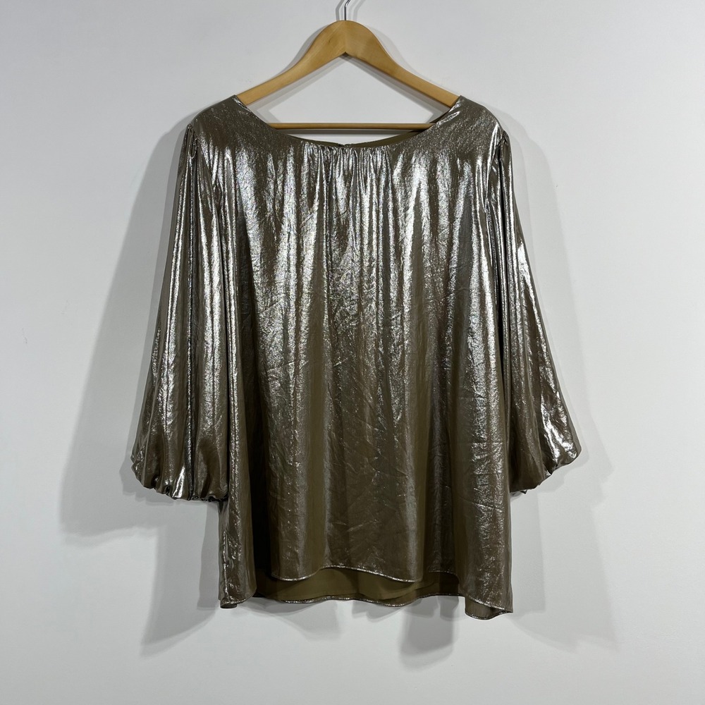 Ann Taylor Metallic Glam Disco Retro Balloon Sleeve Blouse Womens XXL Evening